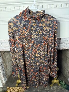 Peruvian Connection Pima Dark Charcoal Floral Turtleneck Top with Orange Accents